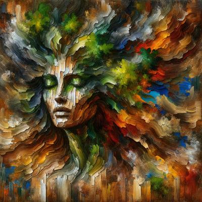 The primary subject of the image is a woman's face, which is the main focus of the painting. The setting is a colorful and abstract background, which adds to the overall visual style of the painting. The colors and mood of the painting are vibrant and lively, with a mix of green, orange, and blue hues. The painting is a digital art piece, showcasing the artist's creativity and skill in capturing the woman's face in a unique and eye-catching manner.